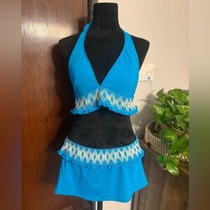 Blue Two-Piece Swim Set with White Embroidery